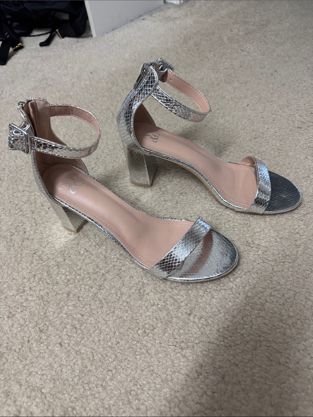 Silver Snake-Print Block Heel Sandals with Ankle Strap